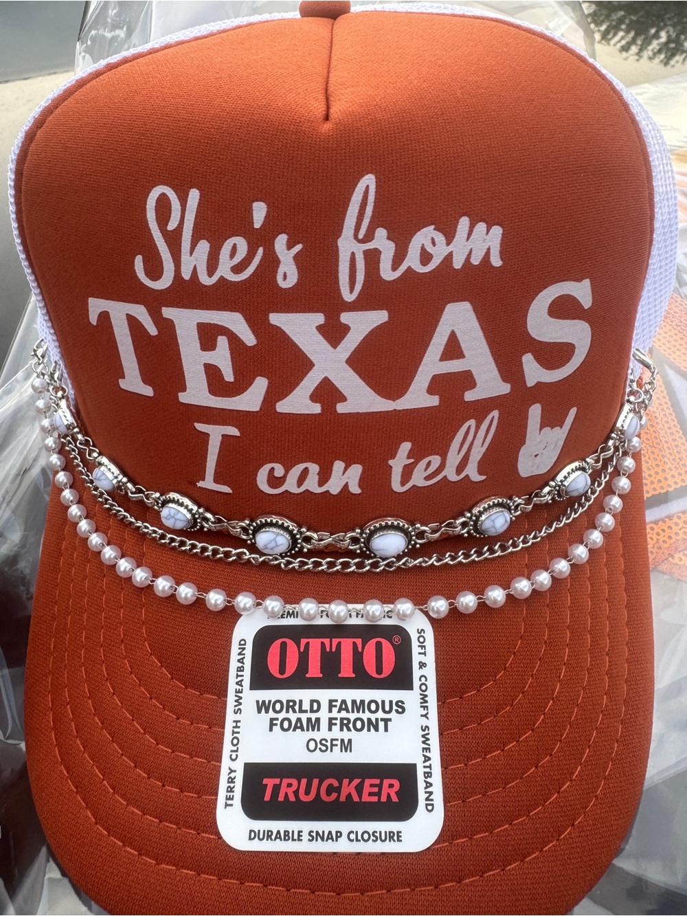 OTTO Burnt Orange "She's from Texas I can tell" 🤘Trucker Hat with Chain Accents